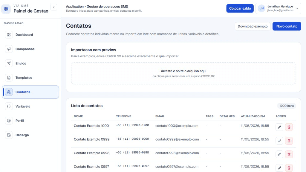 Tela de variáveis e contatos da plataforma